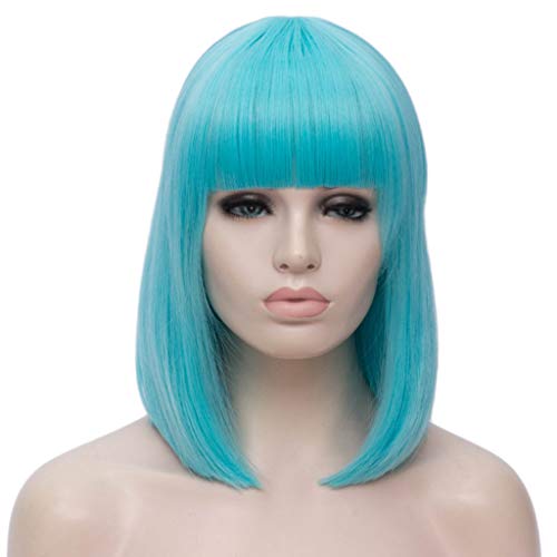 ATAYOU® Pelucas Azul claro Cortas de Mujer Bob Peluca Sintética Recta con Flequillo plano Peluca de Disfraces de Halloween Cosplay con Gorro de Peluca (Azul claro)