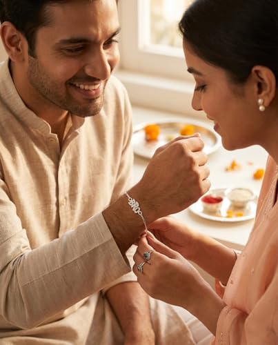 Image of Parnika 925 Pure 92.5 Sterling Silver Bro Floral Mor Pankh Flute Evil Eye Veera Shankh Rakhi Bracelet for Brother | Hallmarked Silver Raksha Bandhan Rakhi | Premium Adjustable Rakhi Gift