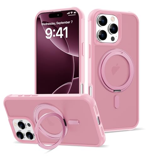 Image of Compatible with iPhone 16 Pro Max Case with Stand 6.9 inch,Pink | Matte Translucent Phone Case for iPhone 16 Pro Max,360 Magnetic Ring Stand,Compatible Mag-Safe,Military Grade Protection
