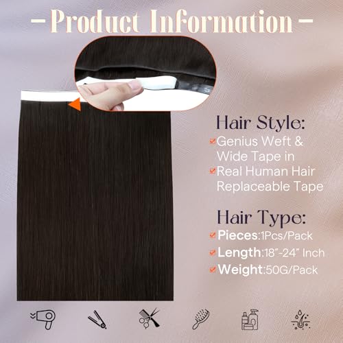 Image of Full Shine Tape in Weft Hair Extensions, Darkest Brown 18 Inch | 50g 1 Piece, Tape in Weft Hair Extensions, Invisible Hand Tied Weft Seamless Skin Base for Party Styling