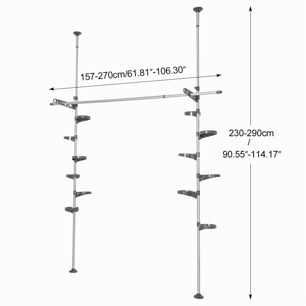 Hershii Teleskop Blumenregal Blumenständer Ecke Pflanzenregale mit 12 Blumentopfhalter und 2 Aufhänger 1 Hängestange für Blumenkörbe und Innenbalkon Garten Höhenverstellbarer 230~290cm Metall Grau