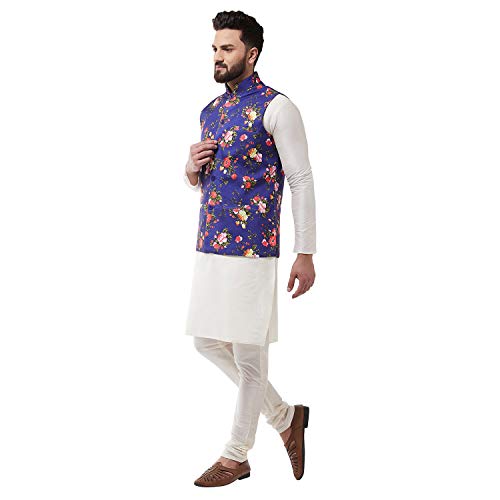 Image of SOJANYA (Since 1958, Men's Silk Blend Pink Kurta Pyjama & Printed Nehrujacket Combo