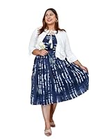 DEEBACO Women's Rayon Midi Calf Length Smocking Plus Size Dress with Solid Shrug for Women|Ruffled 3/4 Sleeves Shrug Casual Western Fit&Flared Dresses for Ladies Outfits (DBDR00000746_3XL_Navy Blue)