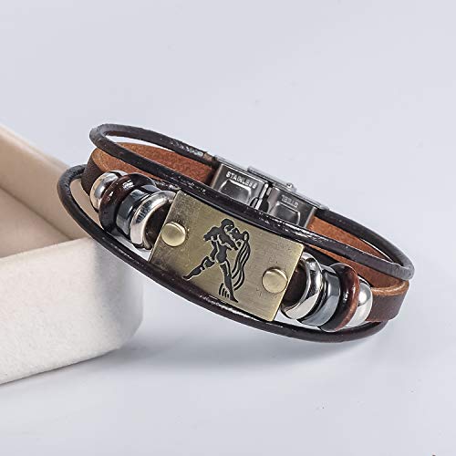 Image of Young & Forever Zodiac Sign Multi-Strand Genuine Leather Bracelet for Men & Boys - Adjustable Tribal Wristband with Antique Metal Charm