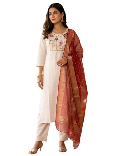 Image of INDO ERA Women's Silk Blend Embroidered Thread Work Kurta & Pant with Dupatta Set | Suit Set For Women