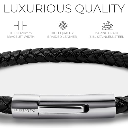 Elegatto Elagio Premium Braided Leather Bracelet for Men | Full-Grain Braided Leather with Sterling Silver Polished Stainless Steel Clasp | Men’s Designer Bracelets3