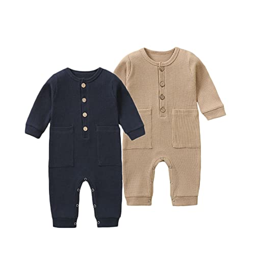 Image of Feidoog Baby Boys Girls 2 Pack Solid Romper Button Long Sleeve One-Piece Jumpsuit Outfits Clothes Sets,Dark Blue+Kahki,0-3M