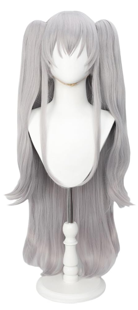 Gray Double Ponytails Wig Anime Cosplay Hair for Women Long Straight Hair with Bangs Synthetic Wig for Party