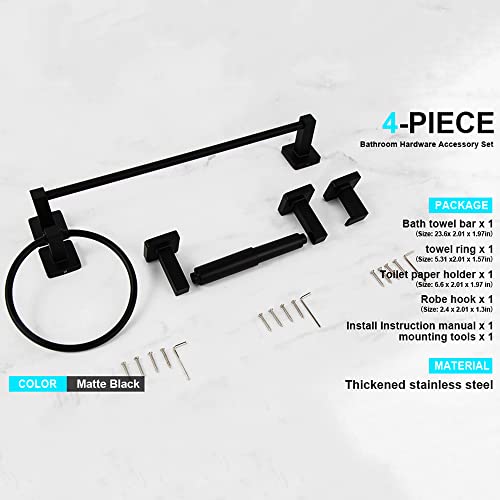 Matte Black 4-Piece Bathroom Hardware Set With 304 Stainless Steel Towel Bar, Wall-Mounted Towel Rack, Hand Towel Bars, Toilet Paper Holder, Towel Ring, And Robe Hook #TOP7