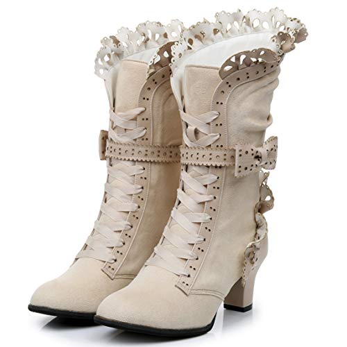 Lorie & Knight Women's Faux Suede Lace Up Wedding Victorian Inspired Mid-Calf Boots