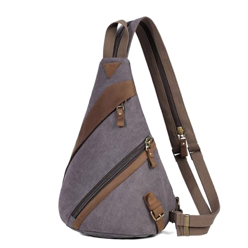 KL928 Canvas Sling Bag for Men Women, Genuine Leather Design Shoulder Crossbody Bags Backpacks Travel Daypack with Earphone Hole Rucksack, Dark Grey