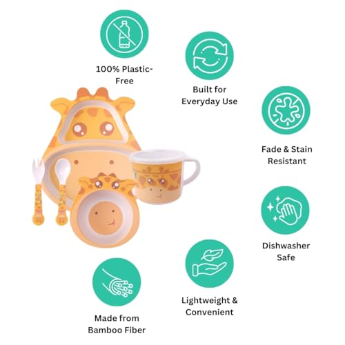 Image of Bamboo Kids Feeding Set of 5 | Made of BAMBOOO| Kids Crockery Set Tableware | Baby Utensils and Dishes Set | Eco-Friendly |Organic & Natural.