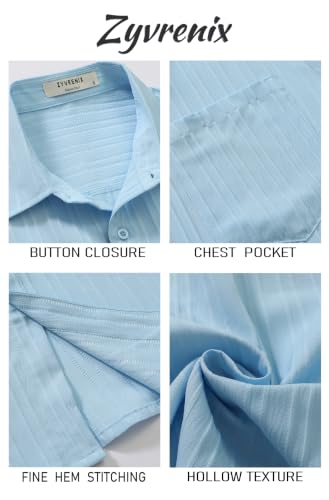 Zyvrenix Mens Casual Short Sleeve Button Down Textured Shirts Light Blue M — view 6