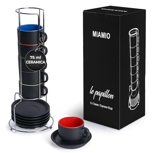 MIAMIO - 6 x 75 ml Espresso Tazzina da caffè - Sei Tazzine Impilabili - Set di Tazze da Caffè, Ceramica - Le Papillon Collezione (Colorato)
