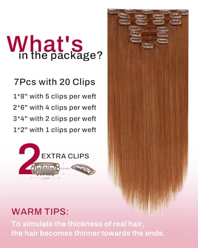 Image of Moresoo Clip in Hair Extensions Copper Orange Human Hair Photo Look 18 inch | Seamless human hair clip in extensions, warm copper ginger finish, 120g 7pcs, added length and fuller hair