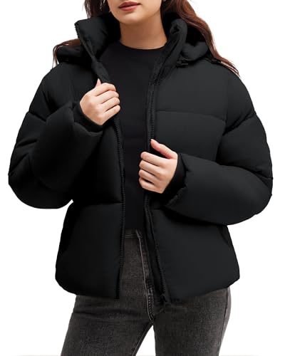 Polu Womens Cropped Puffer Jackets with Removable Hood Lightweight Winter Zip Up Padded Quilted Coat (Black,M)