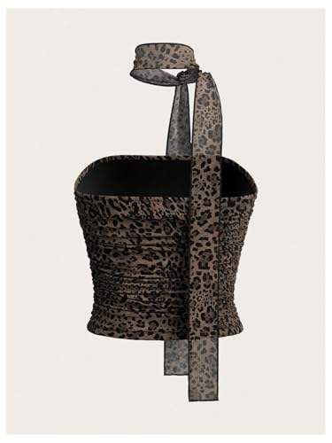 MakeMeChic Women's Strapless Leopard Mesh Tube Top Sleeveless Ruched Bandeau Crop Festival Rave Tops with Scarf2