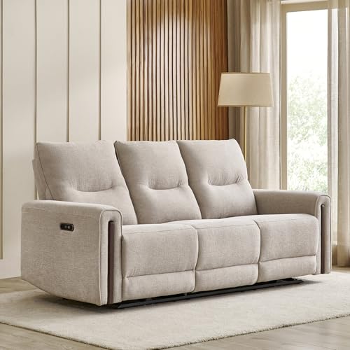 Image of Home Centre | Malinda Fabric 3 Seater Electric Recliners | Recliner Sofa for Living Room | Pine Wood | Beige | 1 Year Warranty
