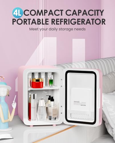 Image of CUTIEWORLD Skincare Fridge with Dimmable LED Light Mirror, 4L Mini Fridge For Desktop, Travel or Cool & Heat, Makeup Fridge for Cosmetics, Skin Care and Food, Pink