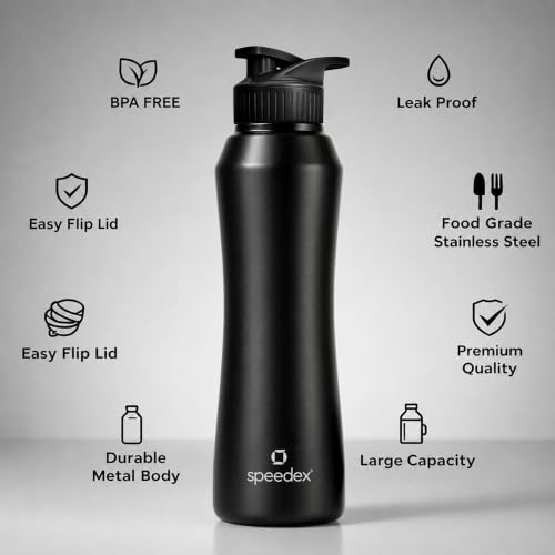 Image of Speedex Stainless Steel Water Bottle 1 Ltr, Leak Proof Sipper Cap, BIS Approved 1000 ml Metal Bottle For Daily, Office, School, Gym, Travel Use for Men, Women, Kids, Adults, Black, Set of 1