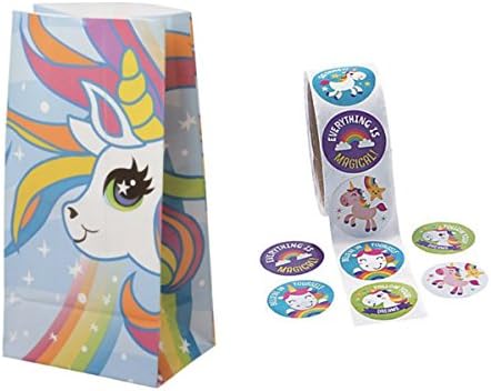 2 Dozen (24) Pretty Unicorn Paper Goody Bags with 24 Stickers - Seals - Magical - Girl Birthday Party Favors - Classroom