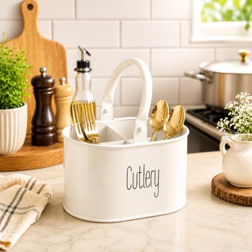Image of MARKET 99 Heavy-Duty Off-White Iron Cutlery Holder | Oval Glossy Utensil Organizer Stand for Kitchen | Knife, Fork & Spoon Holder | Tabletop Cutlery Storage Box for Dining Table & Countertop Use