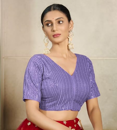 Image of Pujia Mills Women's Indian Ethnic Wear Designer Silver Sequence with Matching Embroidered Work Deep V Neck Half Sleeve Readymade Padded Saree Blouse Readymade Unique Color Saree Blouse