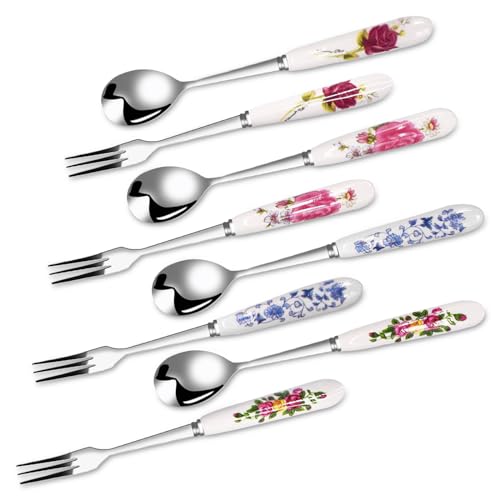 8PCS Cake Forks and Dessert Spoons Set - Flower Pastry Ceramic Handle Spoon and Fork, Stirring Sundae Latte Coffee Tea Honey, Fruit Cake Creative Stainless Steel Gift Tableware