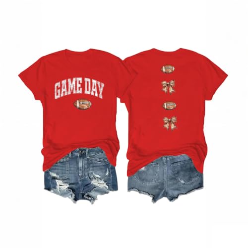 Image of Game Day Shirt Women Football Mom T-Shirt Bow Tshirt | Causal Short Sleeve Tee Tops Sunday Funday Graphic T Shirt