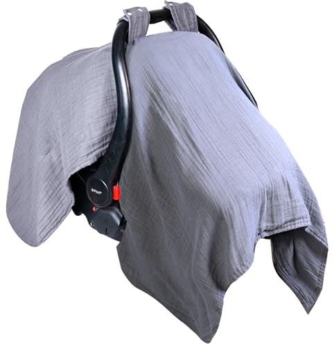 Image of EDEN BLISS Muslin Baby Car Seat Cover- 100% Cotton - 120x120cm Infant - Lightweight Infant Canopy, Universal Fit Baby Carrier Cover & Nursing Privacy Cover