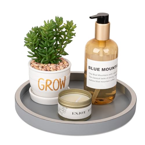 Bathroom Counter Tray Wooden Decorative Tray Round Perfume Organizer Kitchen Soap Organizer Vanity Storage for Candle, Sink, Home Decor, 9 Inch, Gray
