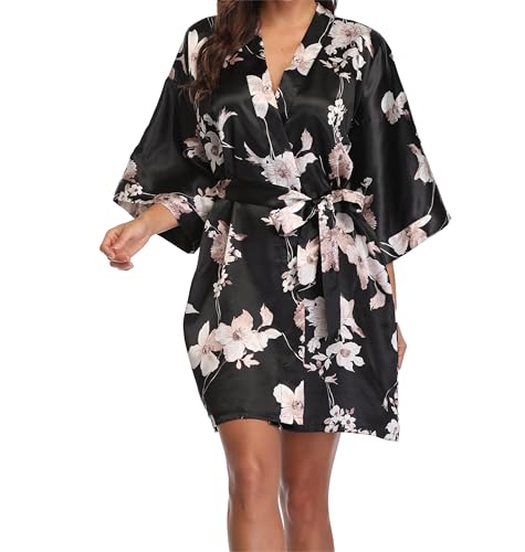 Image of Women's Short Satin Robes Lightweight Silky V-Neck Sleepwear Wedding Bridal Party Bride Bridesmaid Bathrobes