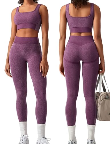 Image of OLCHEE Womens Workout Sets 2 Piece Seamless Square Neck Sports Bra Padded Butt Lifting Leggings High Waist Yoga Gym Outfits