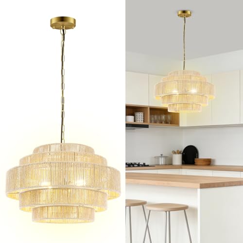 BoostArea 3-Light Rattan Boho Chandelier Light Fixture,20" Hand Woven Pendant