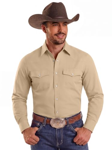 COOFANDY Men's Cowboy Shirt Long Sleeve Casual Shirt with Pocket,Khaki,S