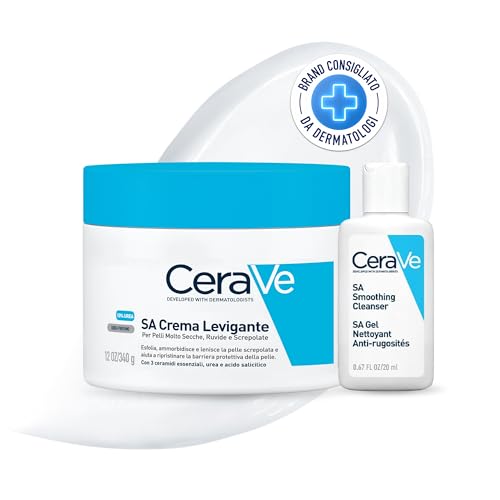 CeraVe SA Crema Levigante, per Pelle Secca e Ruvida, con Acido Salicilico, 10% Urea, 340ml + Detergente Idratante Viso da Viaggio, Per Pelli da Normali a Secche, 20 ml