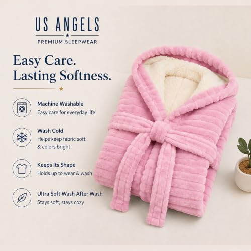 Image of US Angels Plush Robe For Girls- Plush Winter PJ Robe With Pockets, Hoodie & Belt- Ultra-Soft Bathrobe