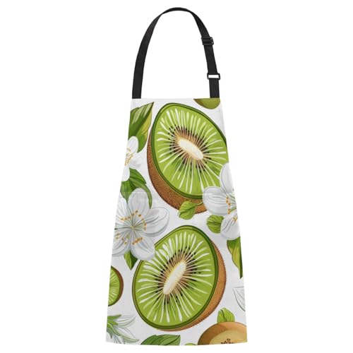 Aglebo Kiwi Fruits Flowers Leaves Chef Apron with Pockets Adjustable Shoulder Strap Waterproof Cooking Apron for Kitchen Baking Gardening Pottery Painting