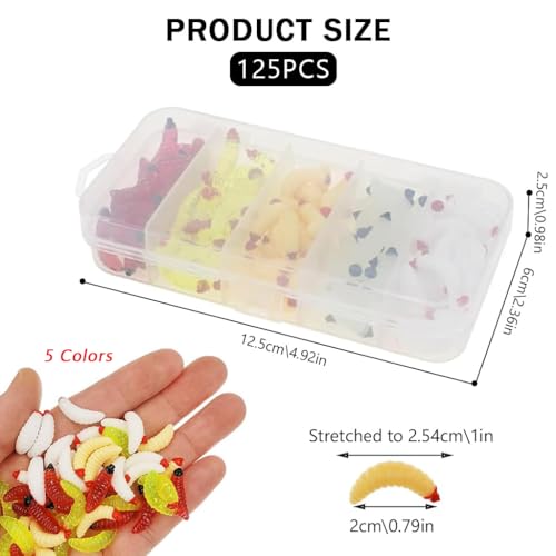 Image of Proberos Fishing Lures, 125 Pcs Fishing Soft Plastic Lures, Fishing Lures Kit with Portable Box & 5-Color Worms Lures & 1 Inch Soft PVC Realistic Maggot Fishing Baits