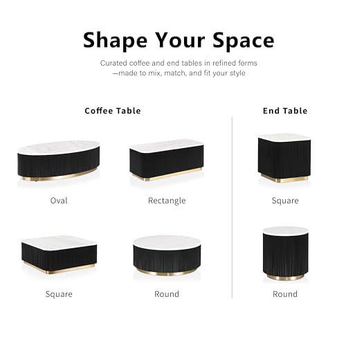 Image of Furniture of America Beryl Modern Oval White Genuine Marble Top Coffee Table with Fluted Pedestal Base and Gold Stainless Steel Accent, Low Profile Table for Living Room, Home Office, Black