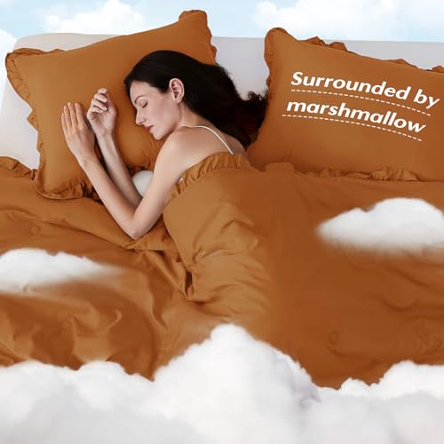 Image of HARBOREST King Comforter Set Burnt Orange - Ruffle Comforter for King Size Bed, Fluffy King Size Comforter Set for All Seasons, 3 Pieces (1 Comforter & 2 Pillow Shams)