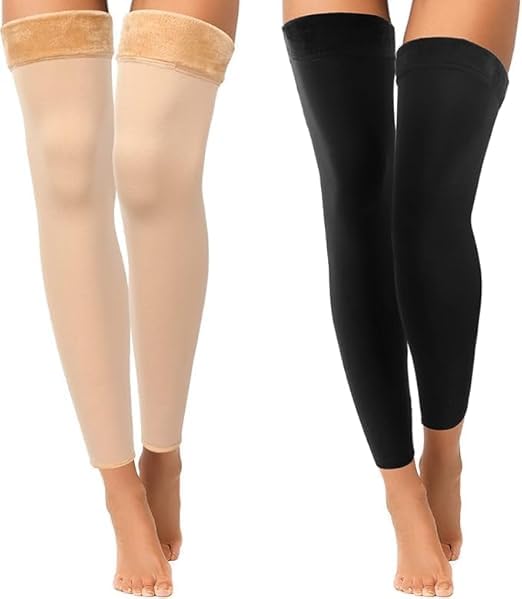 RACSUN Fleece Leg Warmers Women Over Knee Winter Thick Fleece Lining Elastic Socks for Winter Compression Socks, Black and Beige, 2 Pairs-image-40