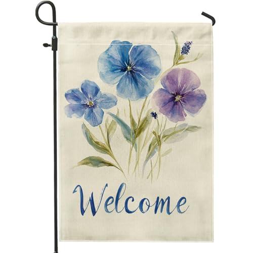 Drapeau de jardin floral printanier, pensées bleues et violettes, décoration de maison, drapeaux de cour d'extérieur double face, décoration de pelouse pour fêtes d'été, 30,5 x 45,7 cm