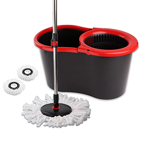 DIVCHI Mikrofaser-Schleudermopp und Eimer-Set, Schleudermopp für die Reinigung von Böden, 1 x Eimer + 2 Ersatz-Moppköpfe, rot/grau Cover