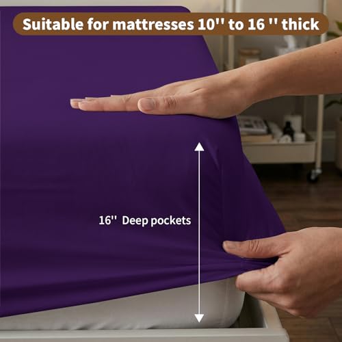 Image of HBHLFZ King Fitted Sheet Only, Soft Breathable Bottom Sheet - 78 inchx80 inch Deep Pockets King Size Fitted Sheet - All Around Stretch Fit, Wrinkle Resistant, Colorfast - Easy Care, Purple