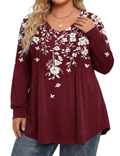 Image of IN'VOLAND Womens Plus Size Shirts V Neck Puff Long Sleeve Tops