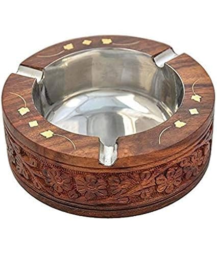 Crafts Collection Store India Handmade Wooden Round Shaped Home and Office Ashtray for Cigar and Cigarettes 1pc (10x10X3 cm) Diwali Gift