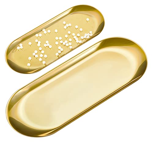 2Pcs Bandeja Dorada Ovalada Acero Inoxidable Bandeja de Joyas Bandeja Decorativa Ovalada Toalla Ovalada Bandeja de Almacenamiento para Cosméticos(30.2*12.2cm,22.8*9cm)