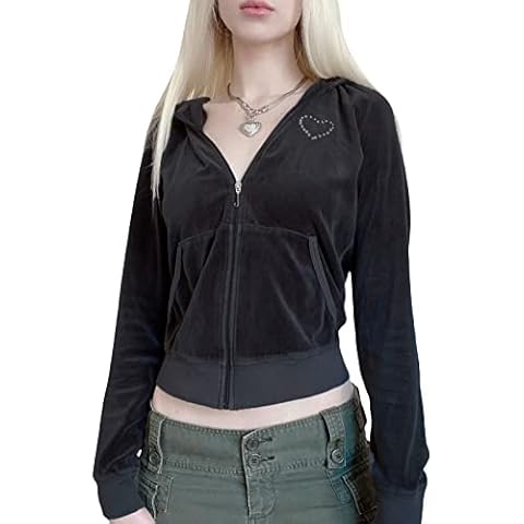 Women Velvet Jackets Long Sleeve Zip Up Hoodies Kawaii Cropped Heart Print Sweatshirt with Pockets (Black , M ) Cover