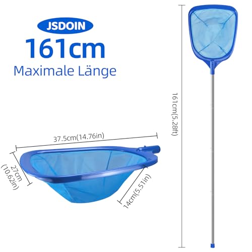 Jsdoin Pool Kescher, 161cm lang-Teichkescher mit Teleskopstange,14,5cm Tief Kescher Feinmaschig - Für Teich, Algen & Bestway Pool,Spa, Teiche, Whirlpools